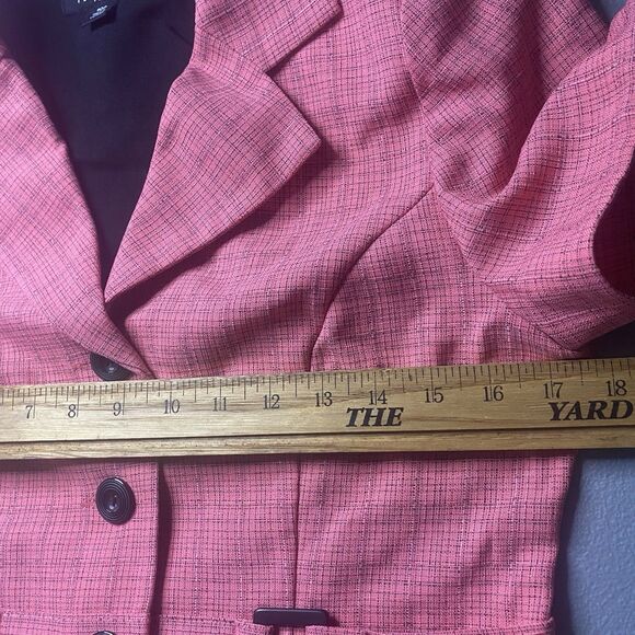 PERCEPTIONS PETITE Blouse Plaid Fitted Waist Tab Short Sleeve Womens 10P Peach - Picture 4 of 8